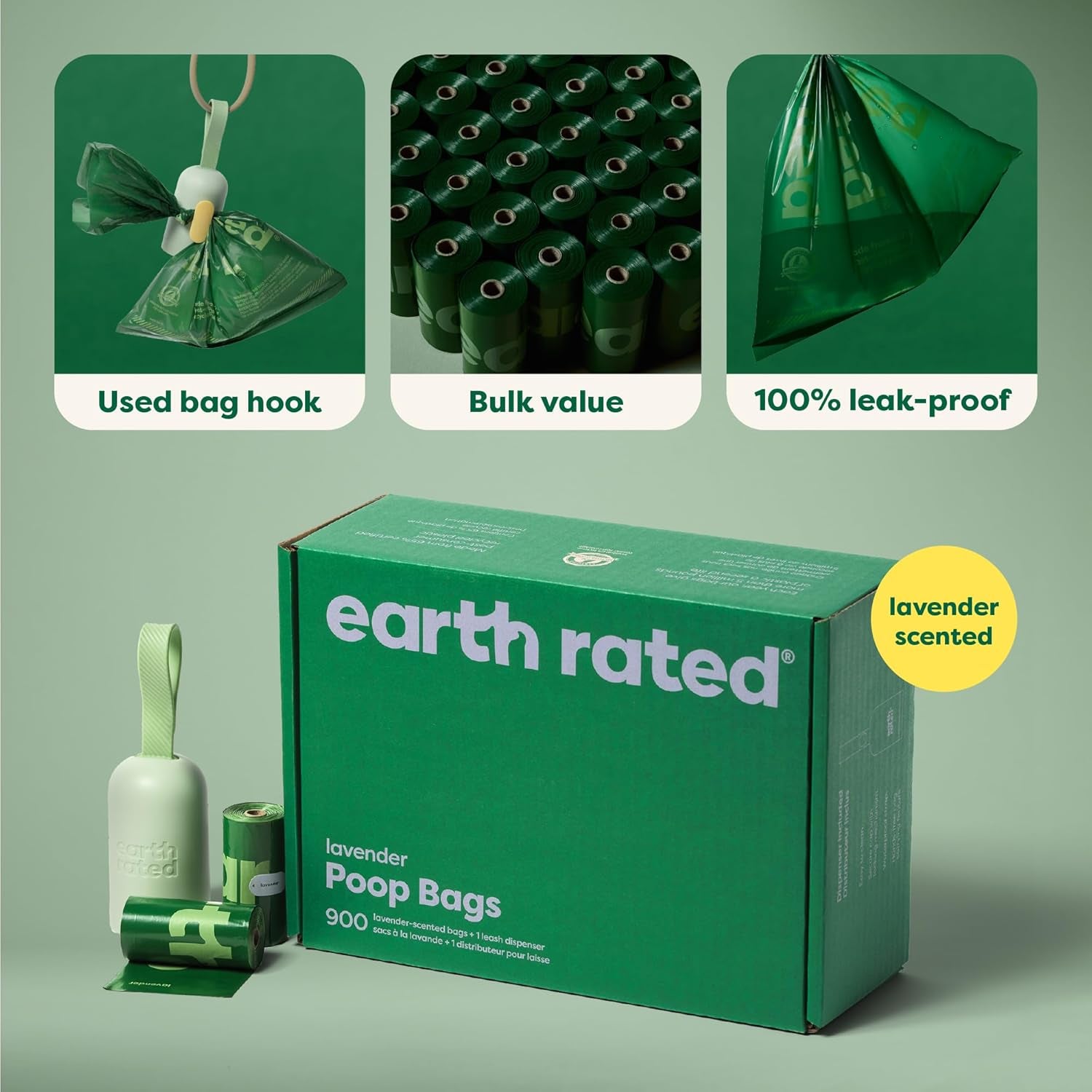 Dog Poo Bag Holder with Dog Poo Bags Rolls, Durable and Guaranteed Leakproof, Lavender Scented, 1 Dispenser and 900 Bags